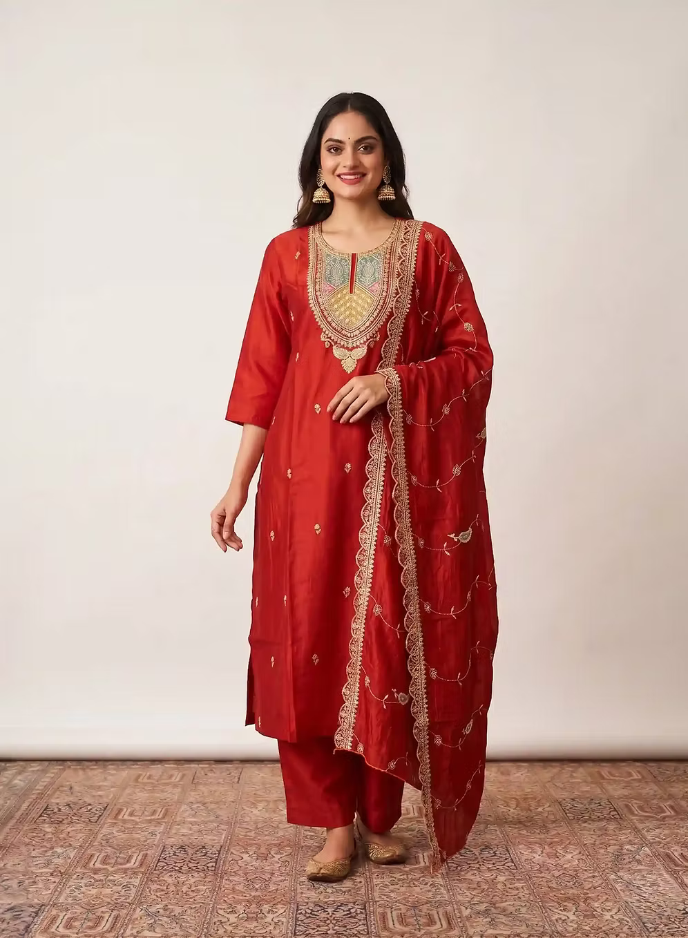 Burnt Orange Intricate Embroidered Kurta Set With Dupatta