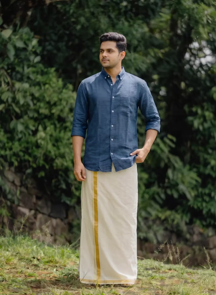 Denim Blue Linen Cotton Shirt and Kasavu Mundu Dhoti Combo