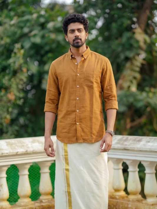 Mustard Yellow Linen Cotton Shirt and Kasavu Mundu Dhoti Combo