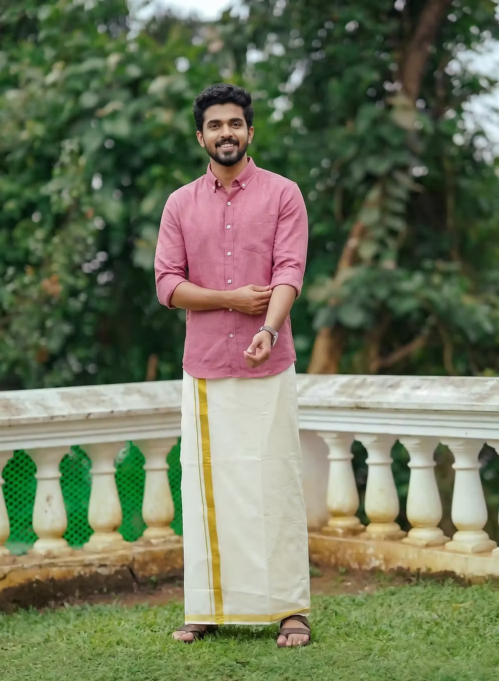 Rose Pink Linen Cotton Shirt and Kasavu Mundu Dhoti Combo