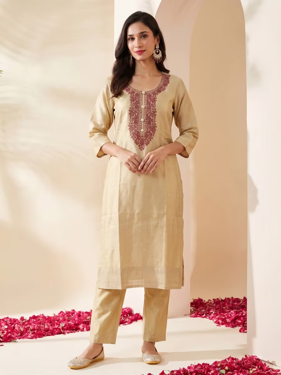 Golden Tissue Rouge Pink Embroidery Kurti