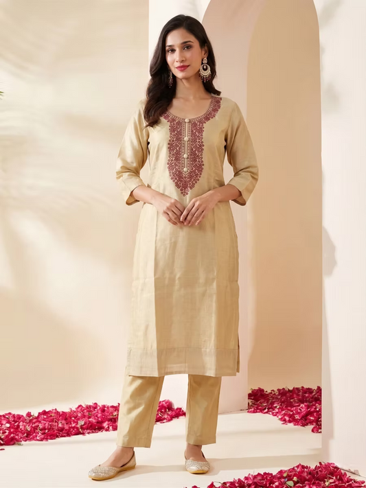 Golden Tissue Rouge Pink Embroidery Kurti