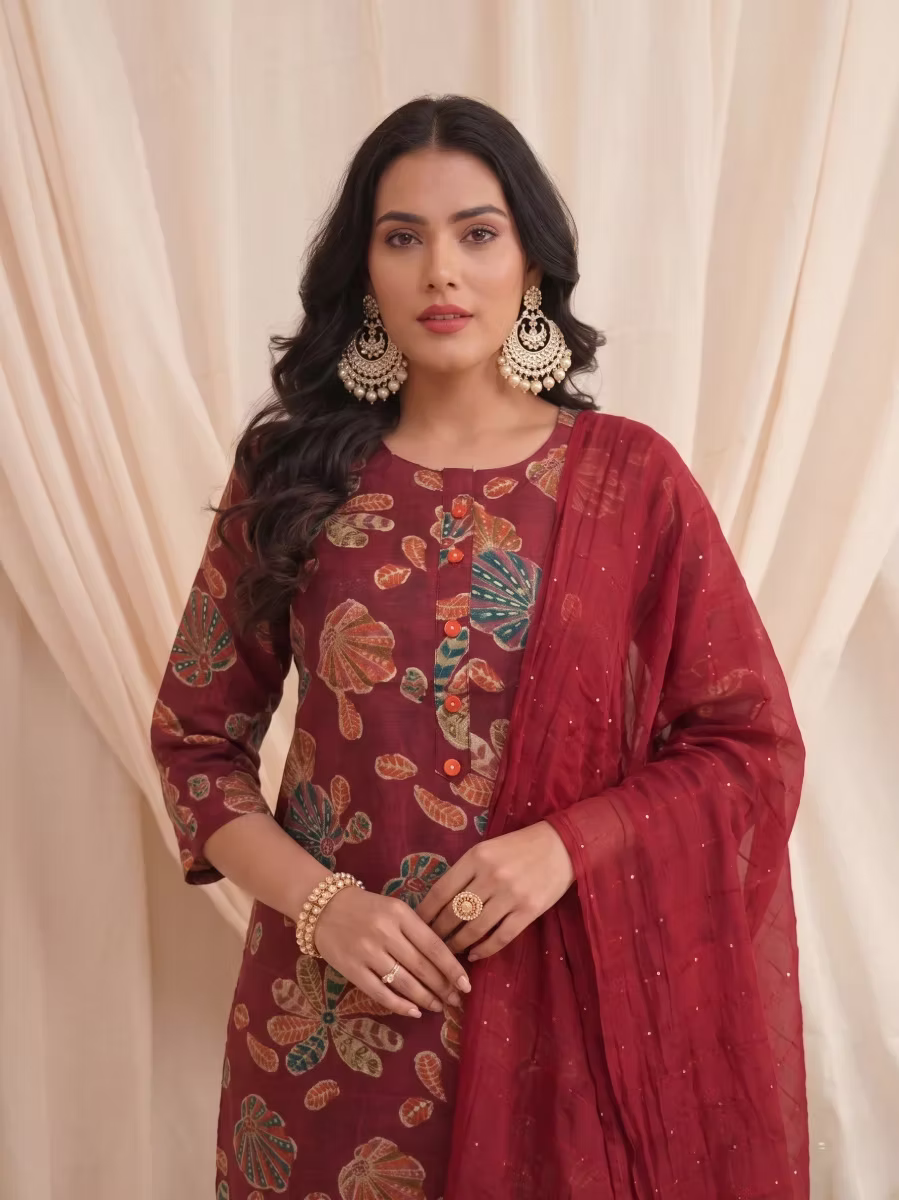 Maroon Multicolor Botanical Kurta Set with Dupatta