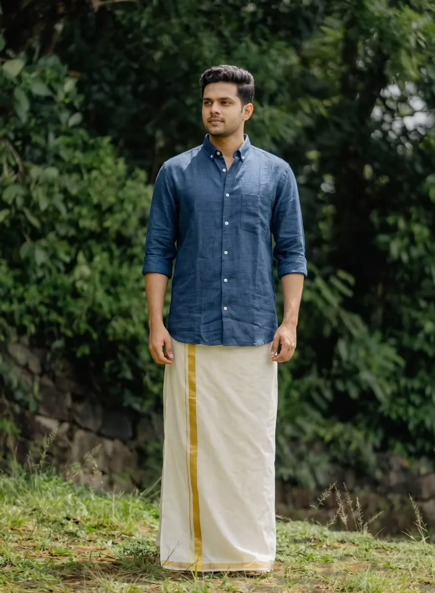 Denim Blue Linen Cotton Shirt and Kasavu Mundu Dhoti Combo
