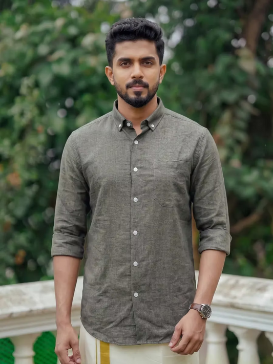 Grey Linen Cotton Shirt and Kasavu Mundu Dhoti Combo