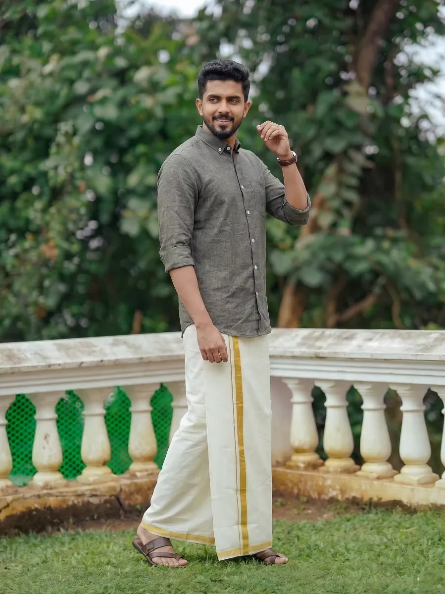 Grey Linen Cotton Shirt and Kasavu Mundu Dhoti Combo
