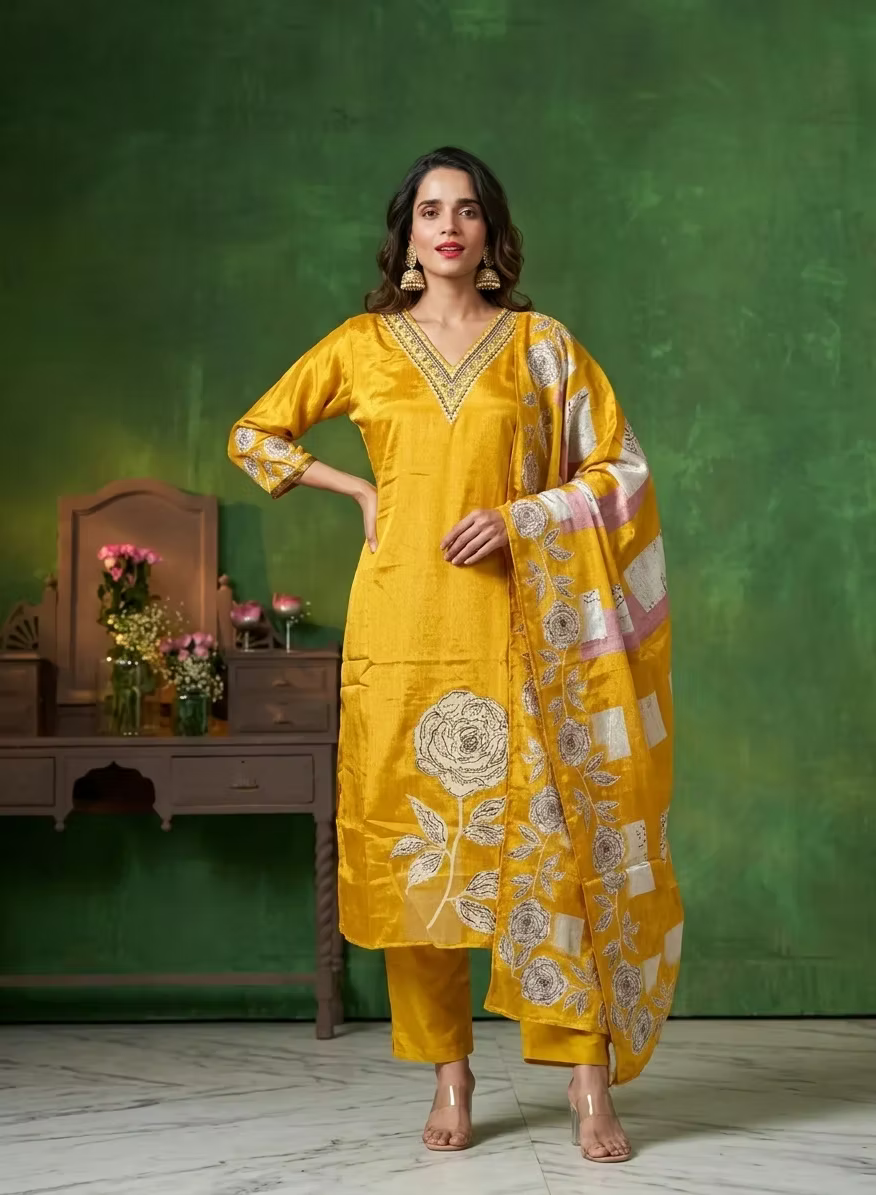 Bright Mustard Intricate Floral Threadwork Kurta Set & Botanical Motif Dupatta