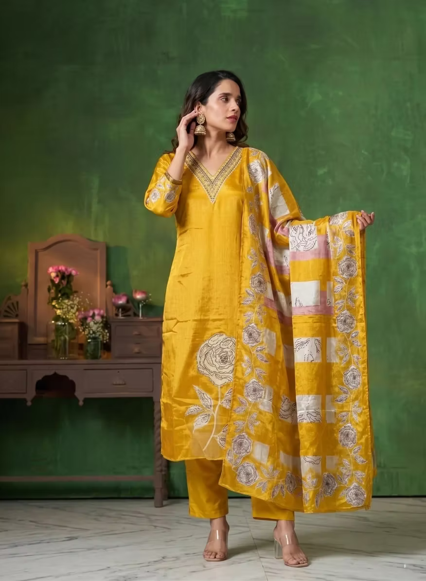Bright Mustard Intricate Floral Threadwork Kurta Set & Botanical Motif Dupatta
