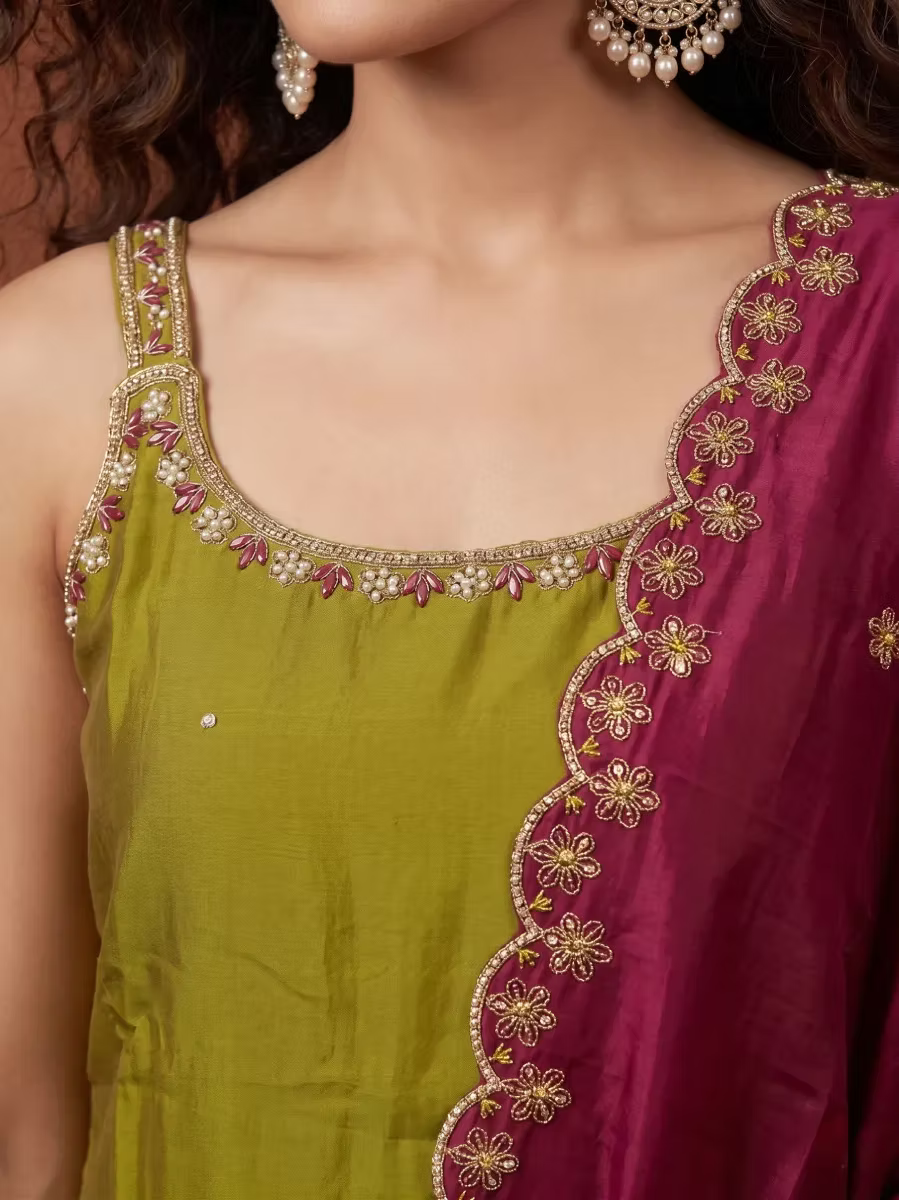 Olive Green Solid Kurta Set with Embroidered Neck & Magenta Dupatta