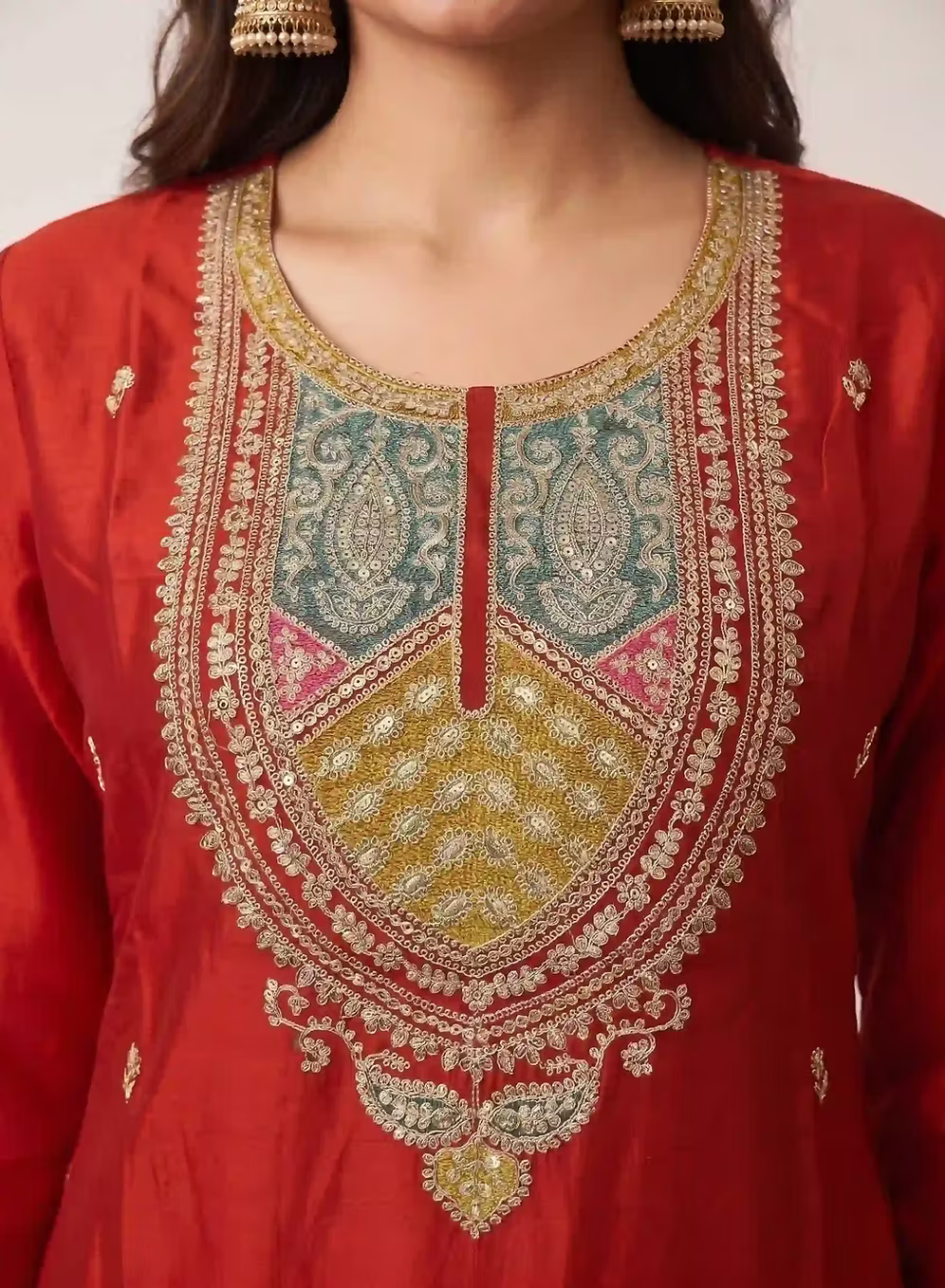 Burnt Orange Intricate Embroidered Kurta Set With Dupatta