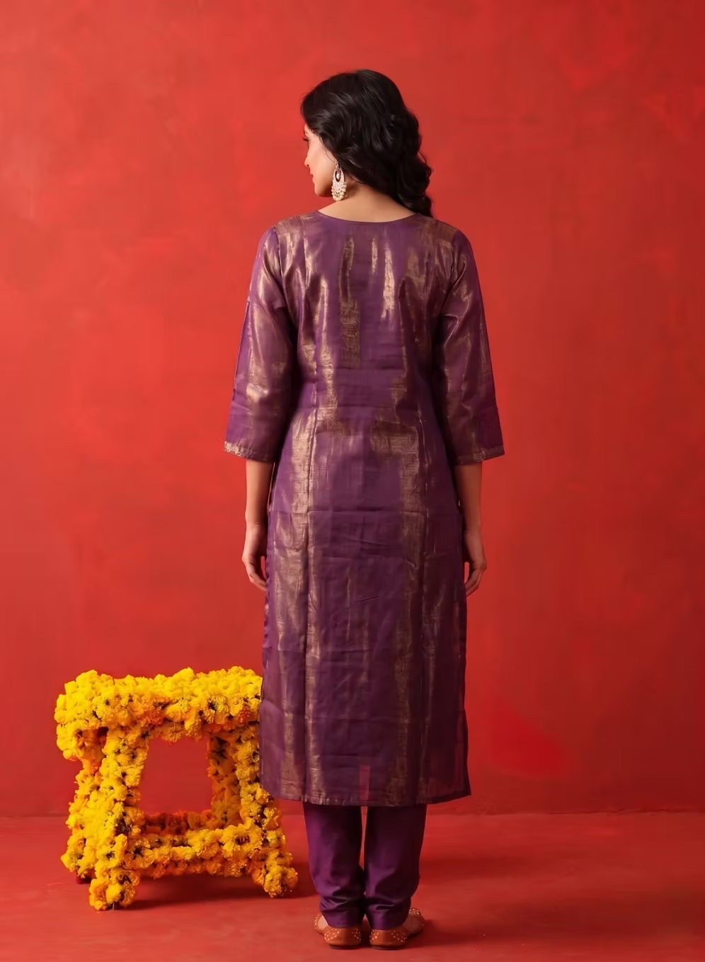 Dark Plum Gold Zari Handwork Kurta Set With Floral Dupatta