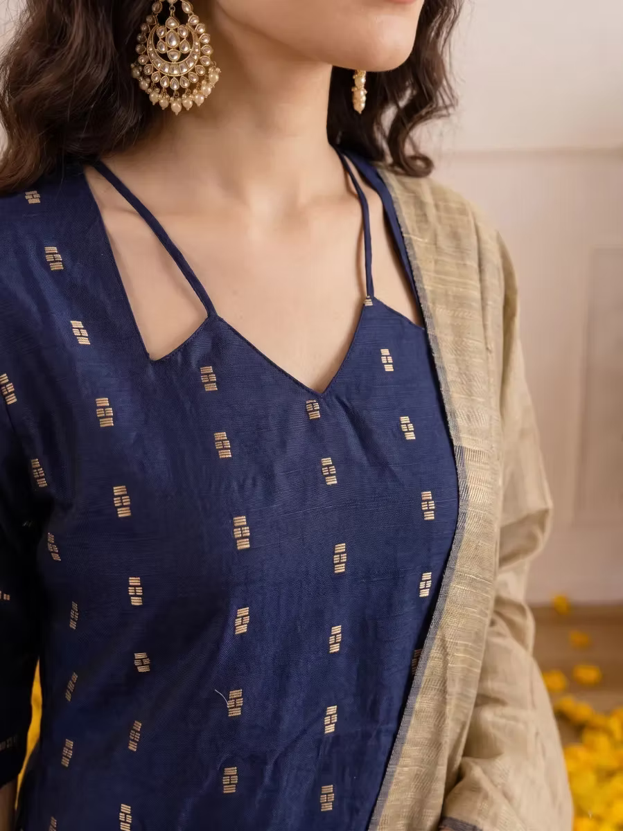 Navy Blue Butti Motif Kurta Set With Dupatta