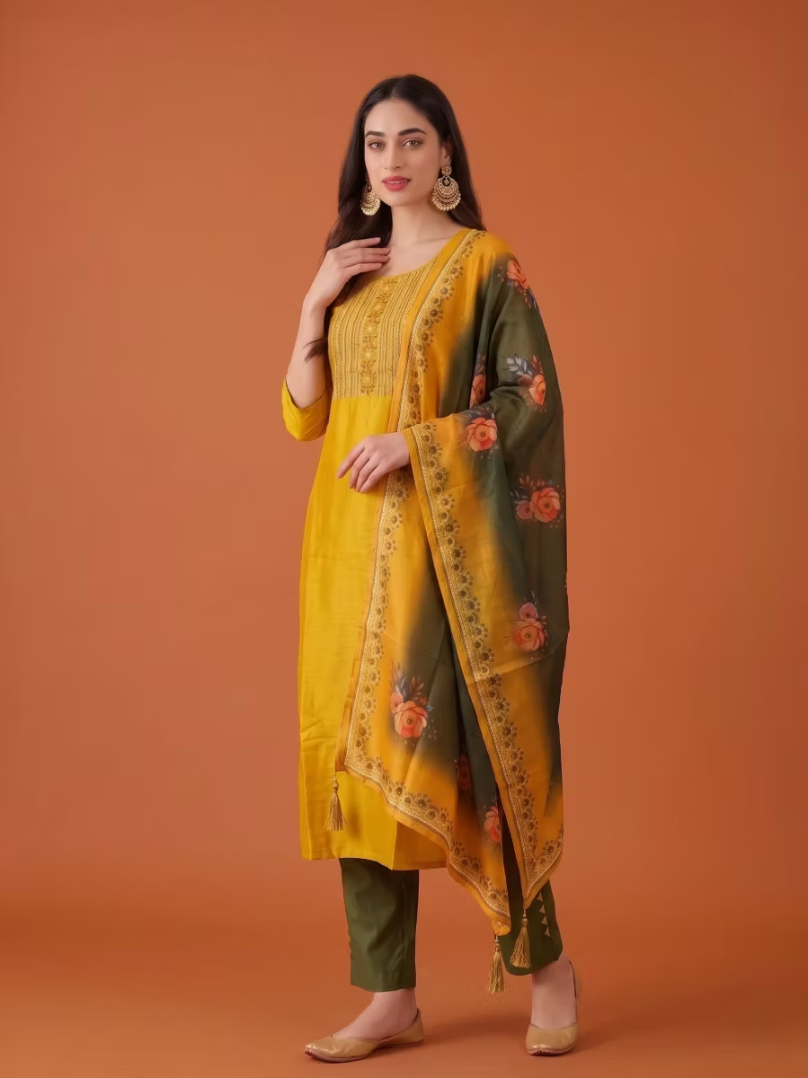 Honey Yellow Embroidered Kurta Set with Olive Dupatta