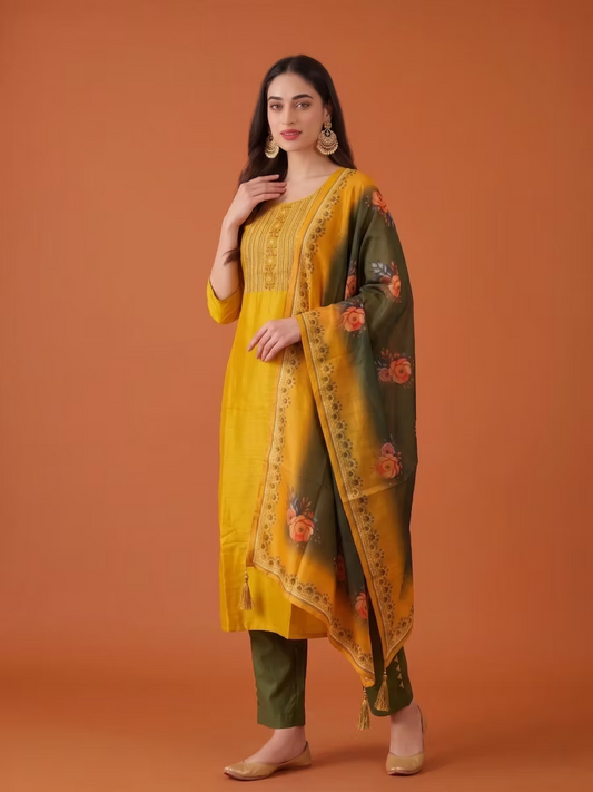 Honey Yellow Embroidered Kurta Set with Olive Dupatta