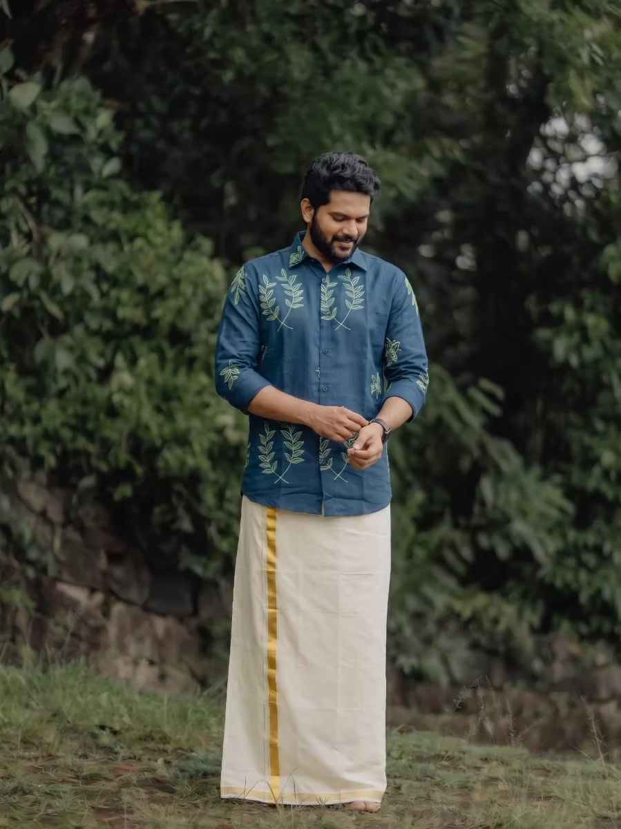 Ocean Teal Botanical Embroidery Cotton Shirt and Kasavu Mundu Dhoti Combo