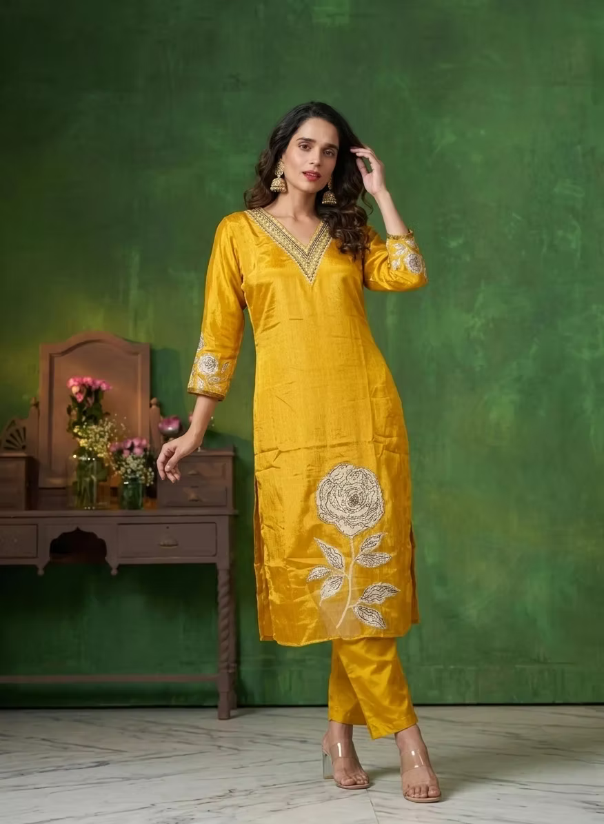 Bright Mustard Intricate Floral Threadwork Kurta Set & Botanical Motif Dupatta