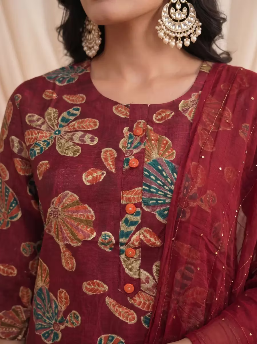 Maroon Multicolor Botanical Kurta Set with Dupatta