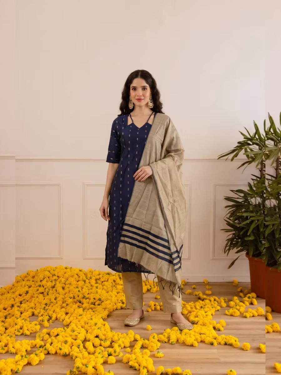 Navy Blue Butti Motif Kurta Set With Dupatta
