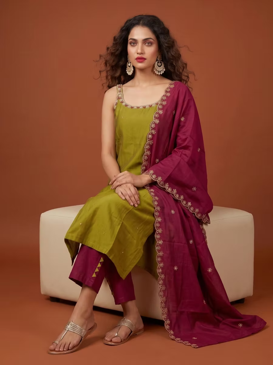 Olive Green Solid Kurta Set with Embroidered Neck & Magenta Dupatta