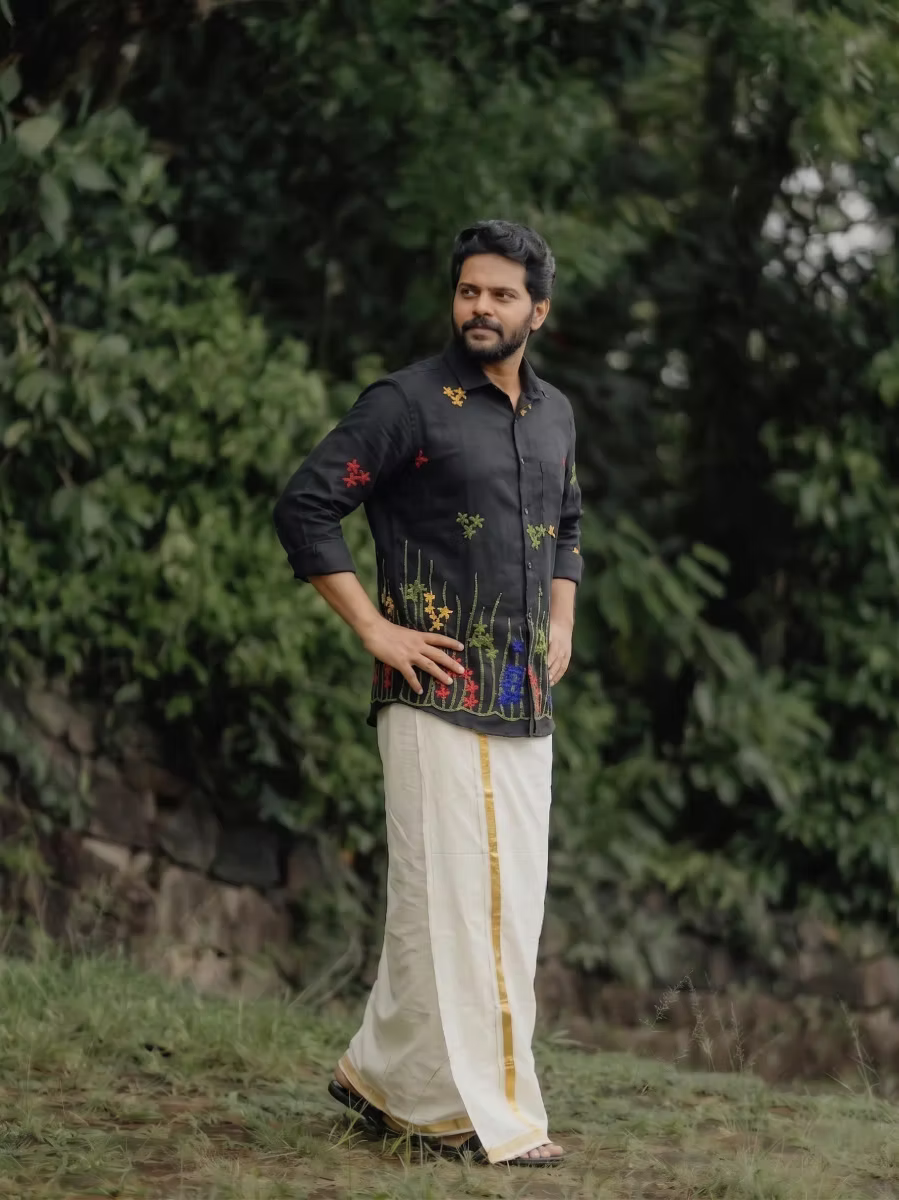 Black Multicolor Floral Embroidered Cotton Shirt and Kasavu Mundu Dhoti Combo