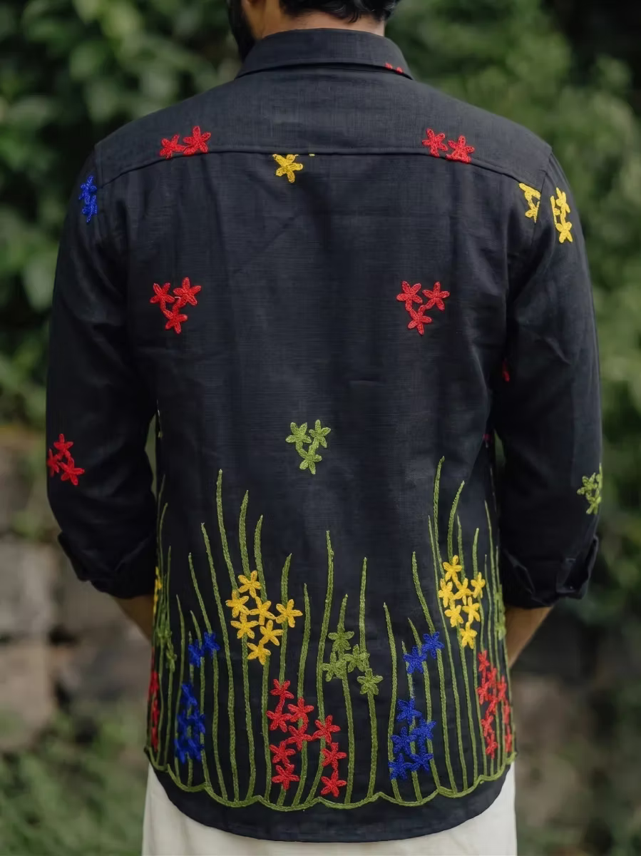 Black Multicolor Floral Embroidered Cotton Shirt and Kasavu Mundu Dhoti Combo