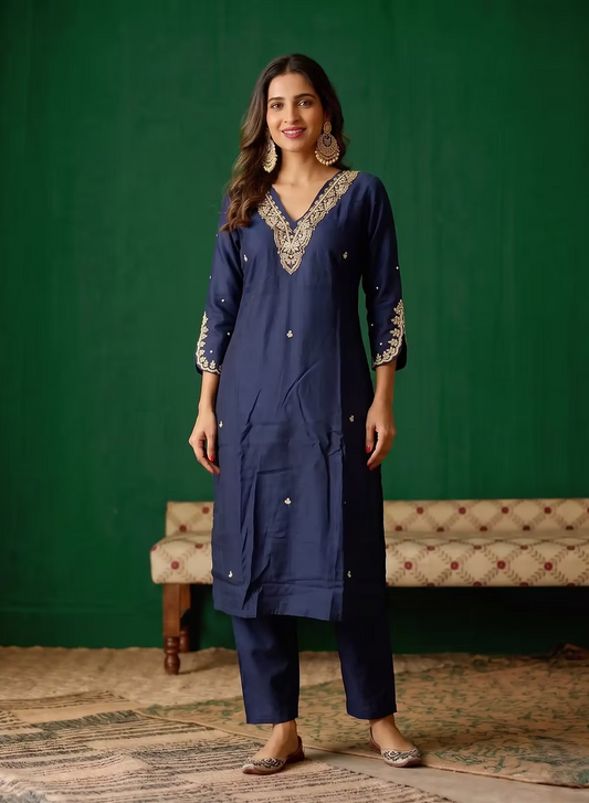 Dusky Blue Hand Embroidered Kurta Set with Dupatta