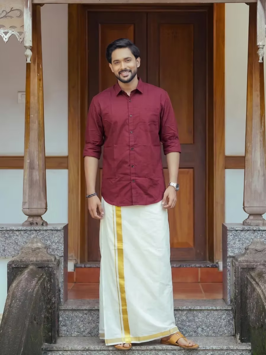 Maroon Shirt and Kasavu Mundu Dhoti Combo