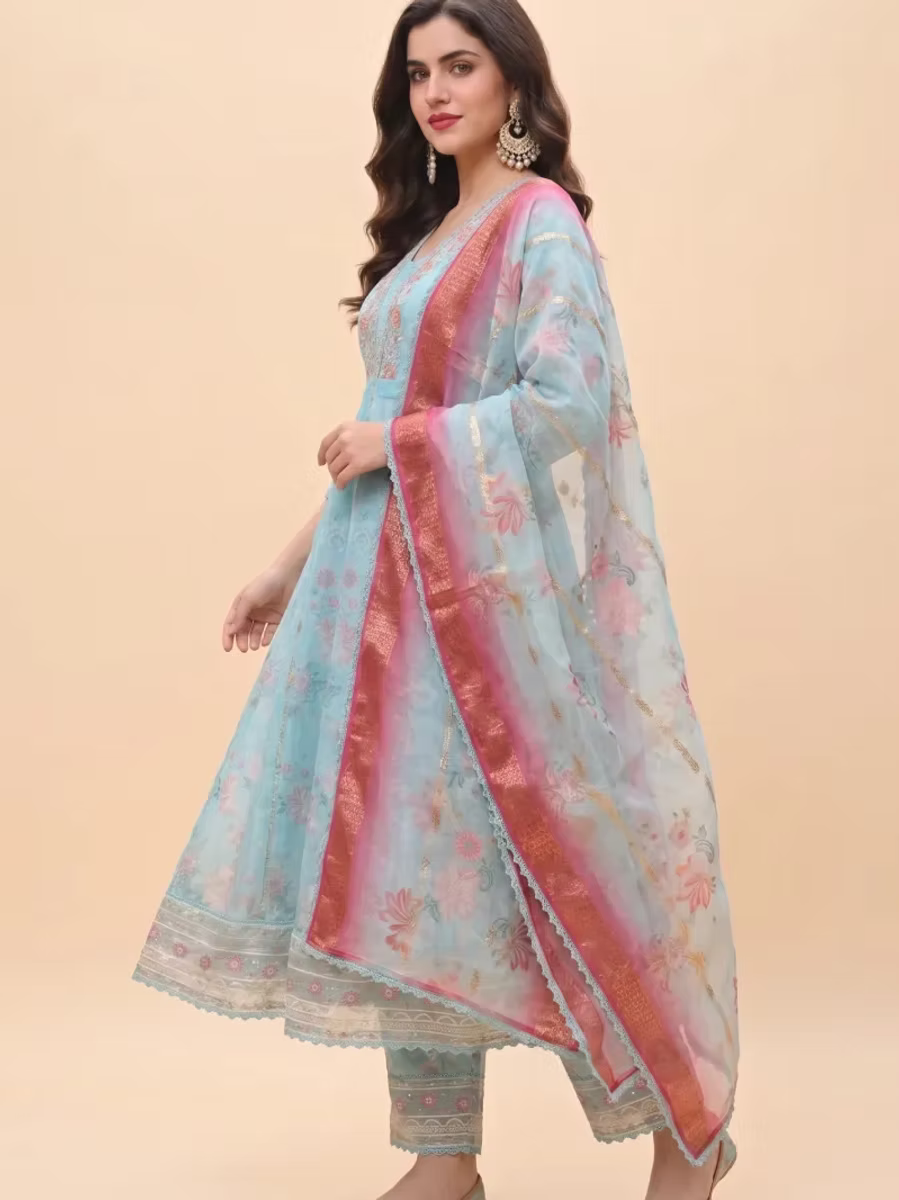 Aqua Blue Floral Embroidery Anarkali Kurti Set
