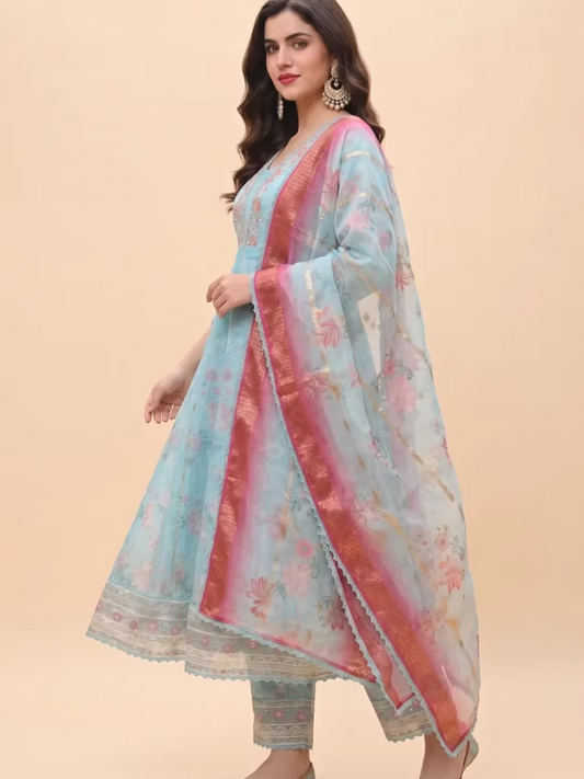 Aqua Blue Floral Embroidery Anarkali Kurti Set