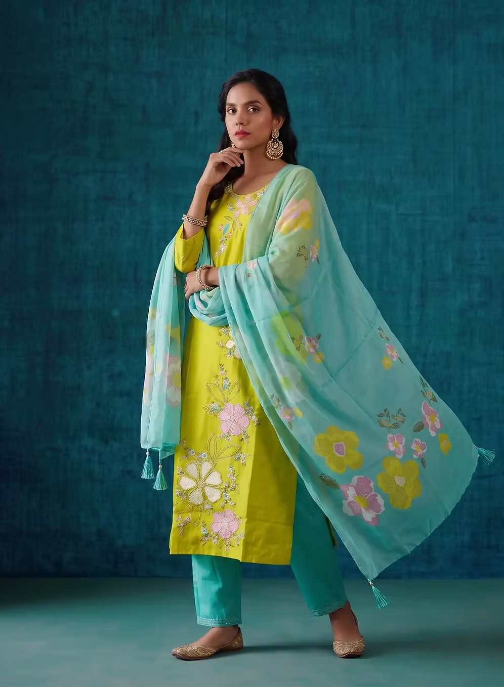 Lime Yellow Multicolor Bloom Embroidery Kurta Set With Turquoise Dupatta