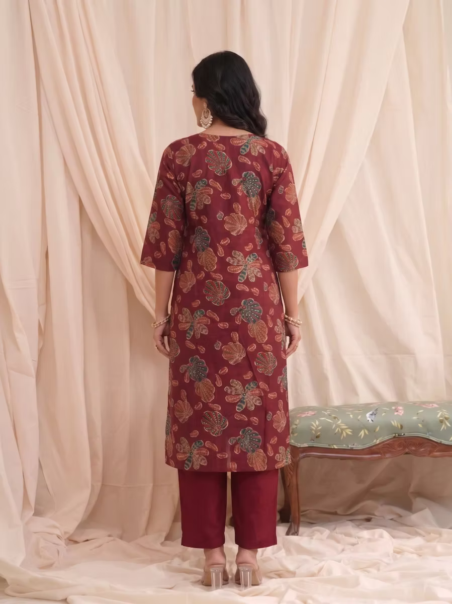 Maroon Multicolor Botanical Kurta Set with Dupatta
