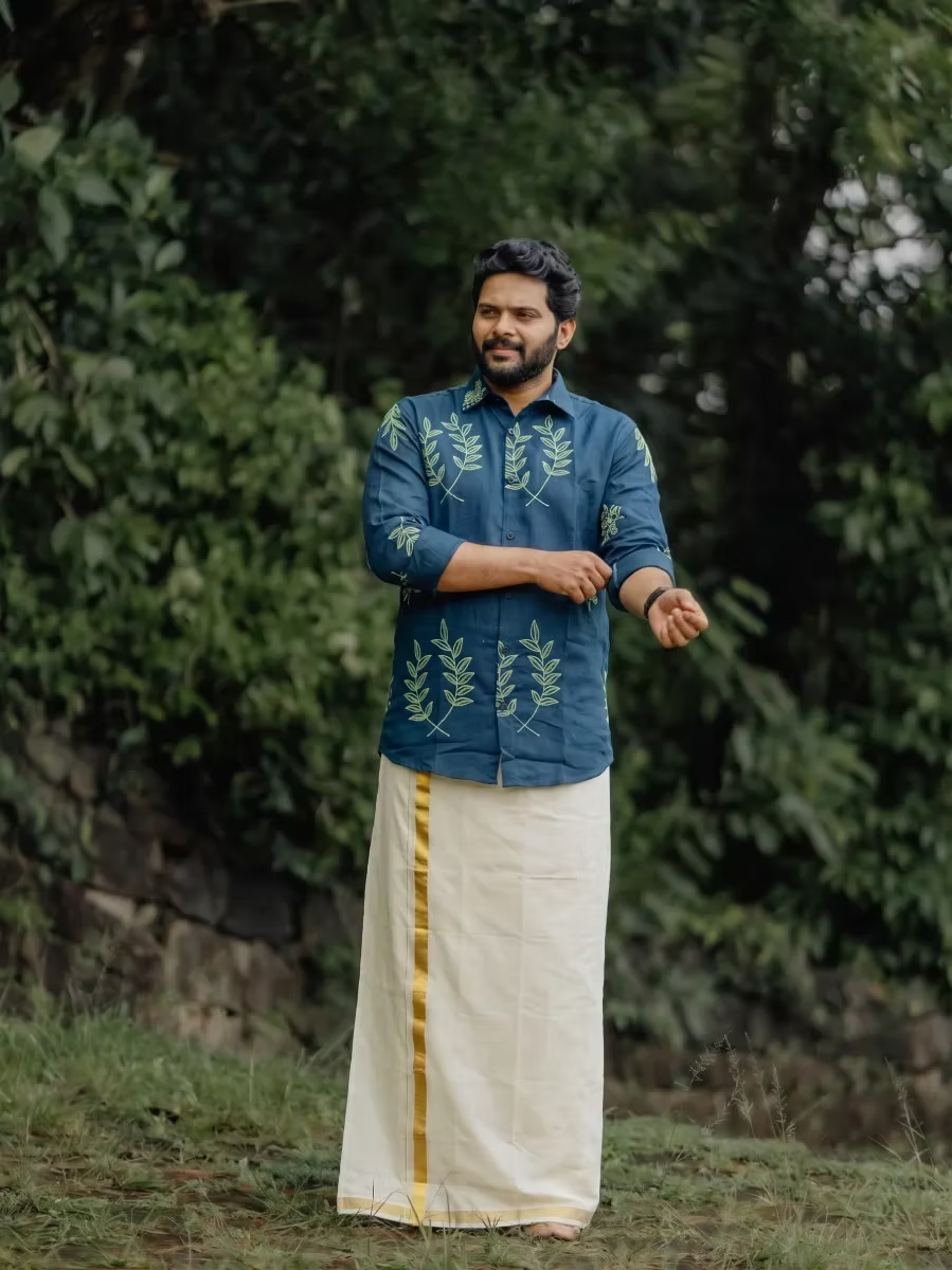 Ocean Teal Botanical Embroidery Cotton Shirt and Kasavu Mundu Dhoti Combo