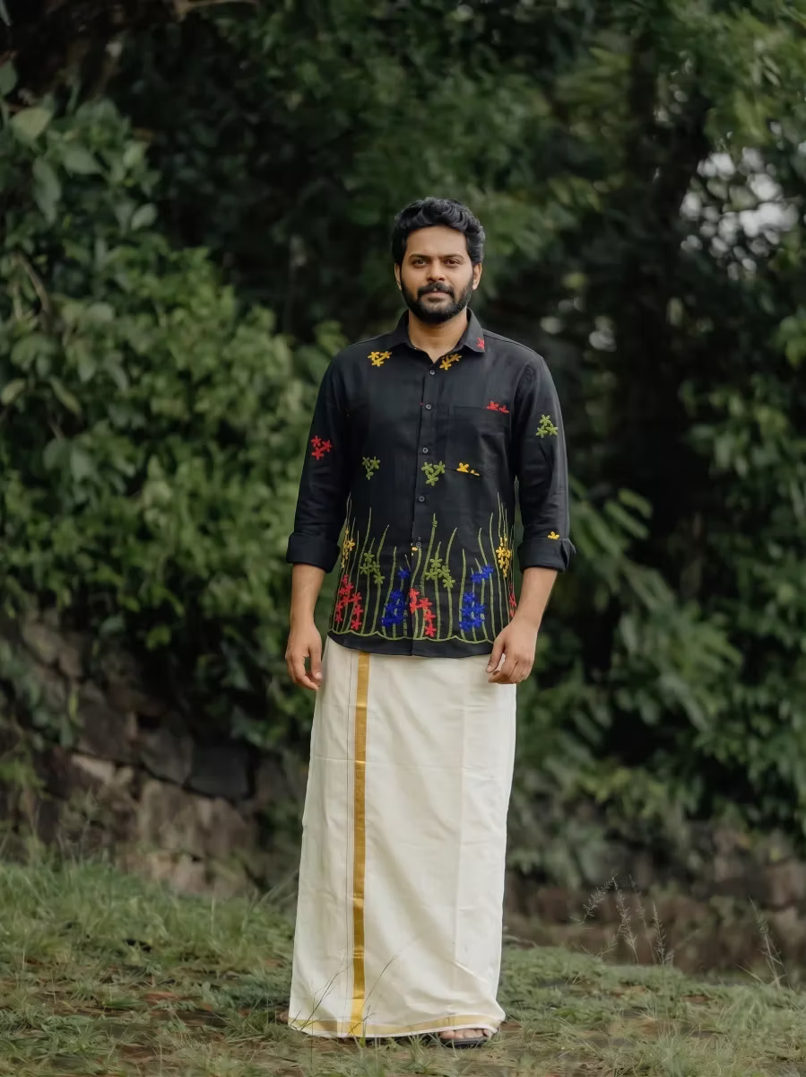 Black Multicolor Floral Embroidered Cotton Shirt and Kasavu Mundu Dhoti Combo