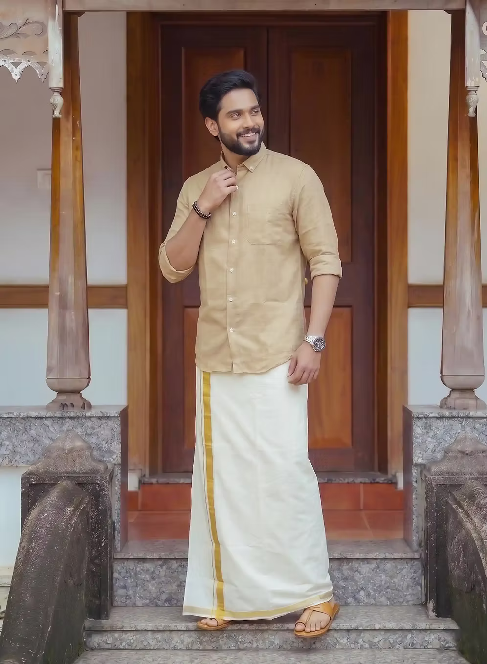 Sand Beige Linen Cotton Shirt and Kasavu Mundu Dhoti Combo