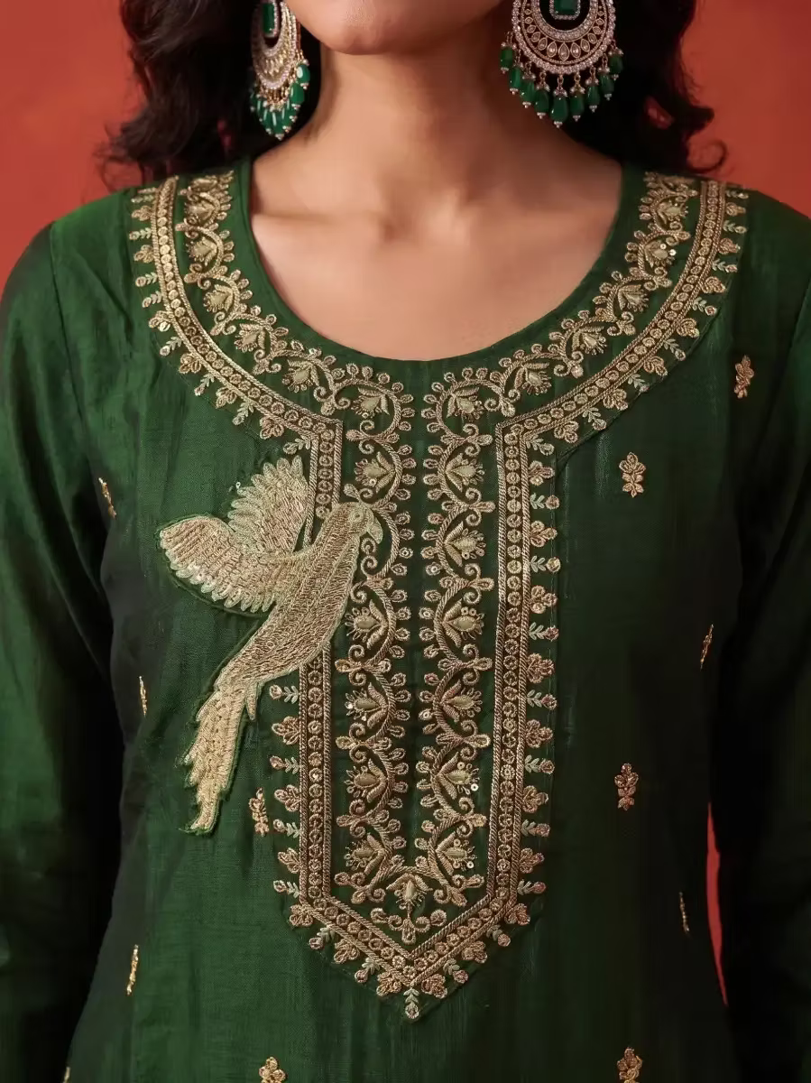 Deep Forest Green Bird Motif Embroidered Kurta Set With Olive Dupatta