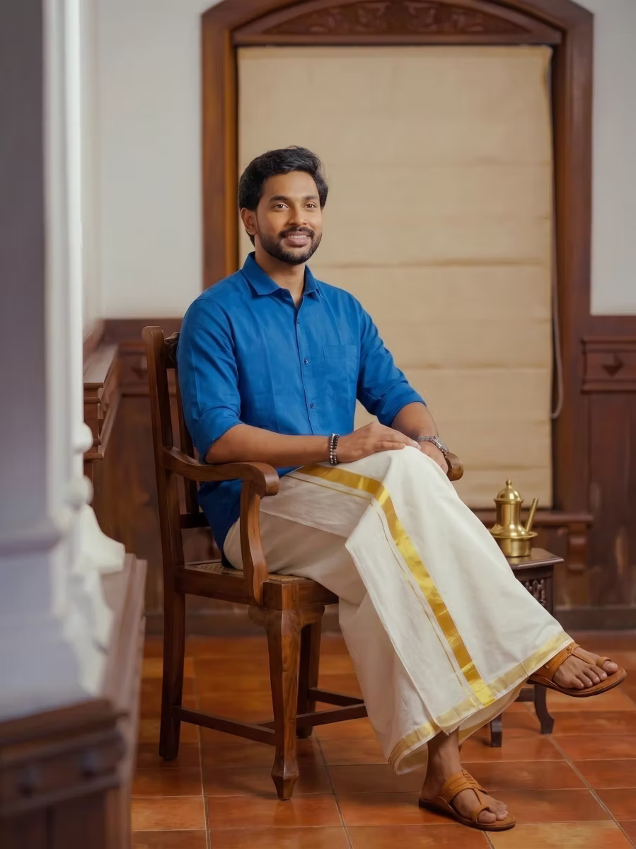 Royal Blue Shirt and Kasavu Mundu Dhoti Combo Set