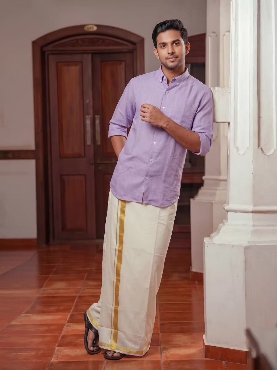 Lavender Linen Cotton Shirt and Kasavu Mundu Dhoti Combo