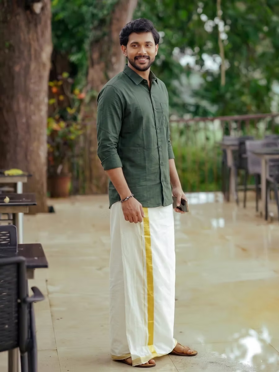 Dark Green Shirt and Kasavu Mundu Dhoti Combo Set