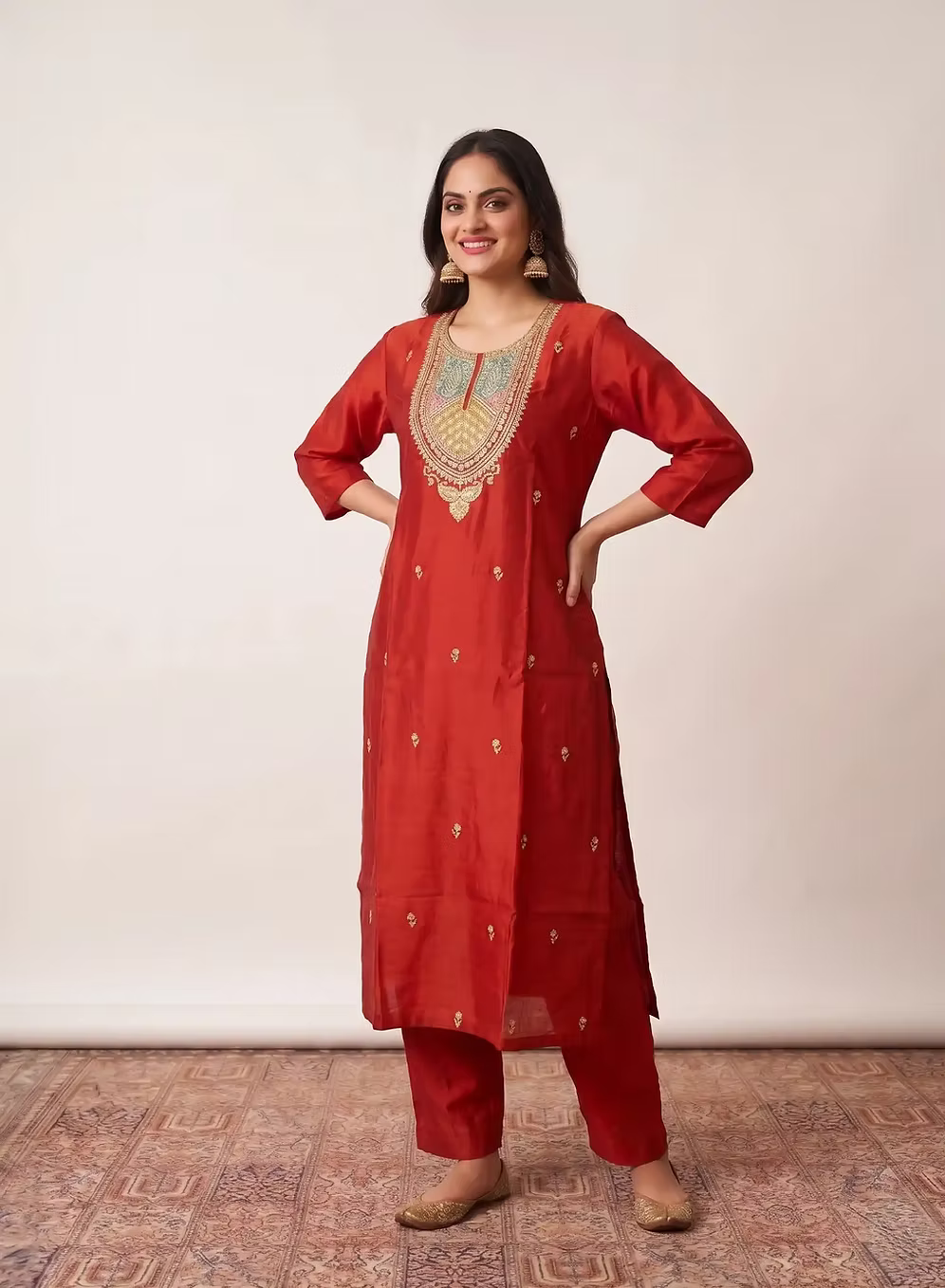 Burnt Orange Intricate Embroidered Kurta Set With Dupatta