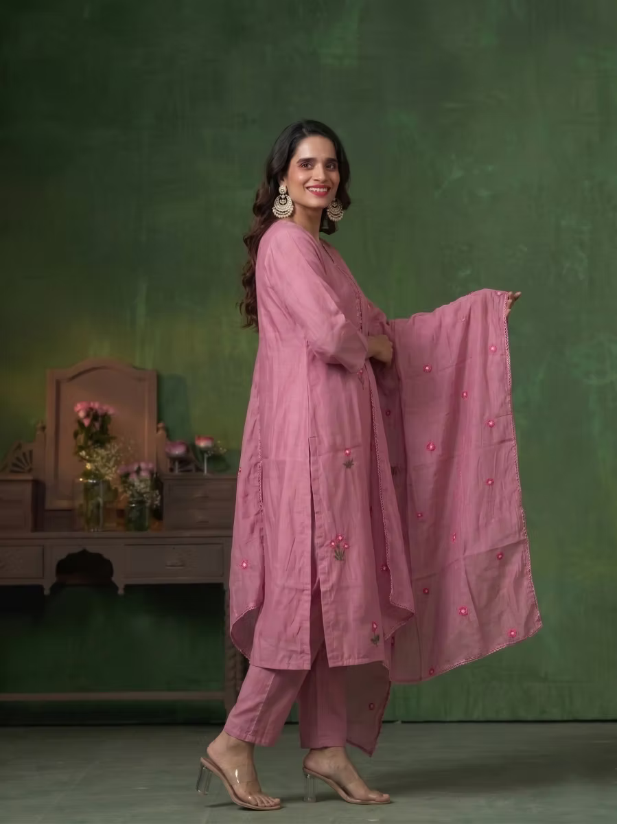Onion Pink Floral Embroidery 3 Piece Kurta Trouser Set