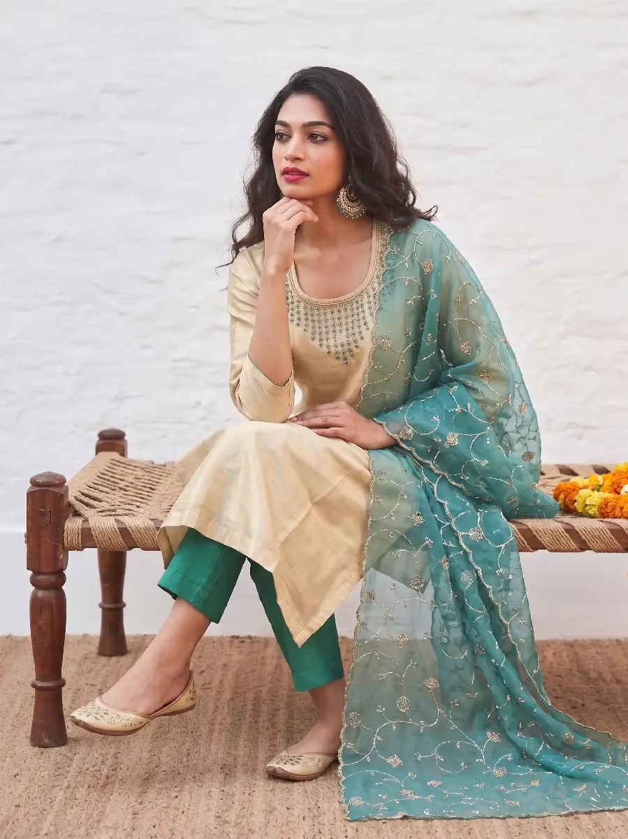 Hand Embroidered Golden Tissue Kurta Set with Teal Designer Dupatta