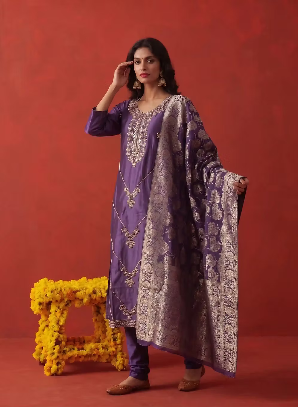 Grape Purple Hand Embroidered Kurta Set With Dupatta