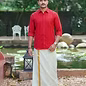 Red Golden Flecha Cotton Shirt and Kasavu Mundu Dhoti Combo