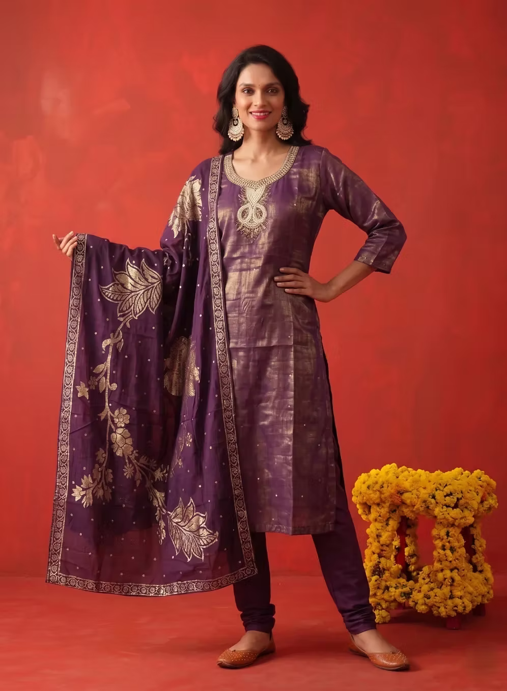 Dark Plum Gold Zari Handwork Kurta Set With Floral Dupatta