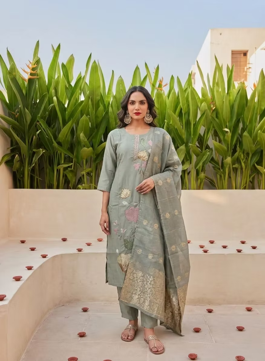 Sage Green Floral Embroidery Kurta Set with Silver Zari Dupatta