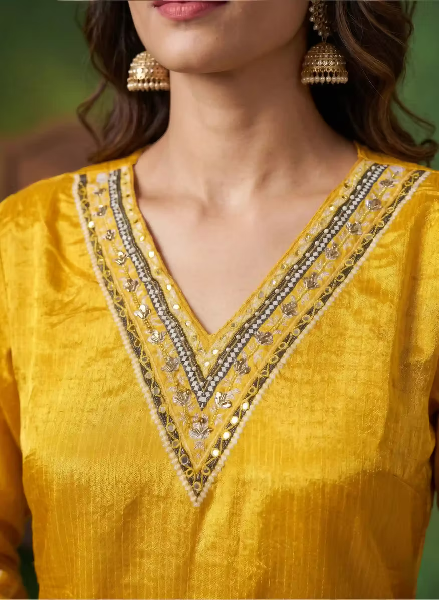 Bright Mustard Intricate Floral Threadwork Kurta Set & Botanical Motif Dupatta