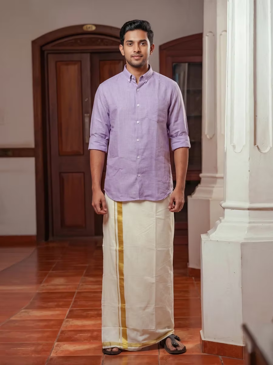 Lavender Linen Cotton Shirt and Kasavu Mundu Dhoti Combo