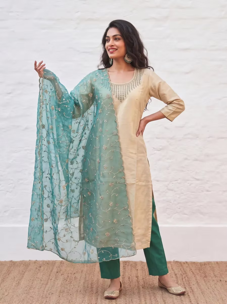 Hand Embroidered Golden Tissue Kurta Set with Teal Designer Dupatta