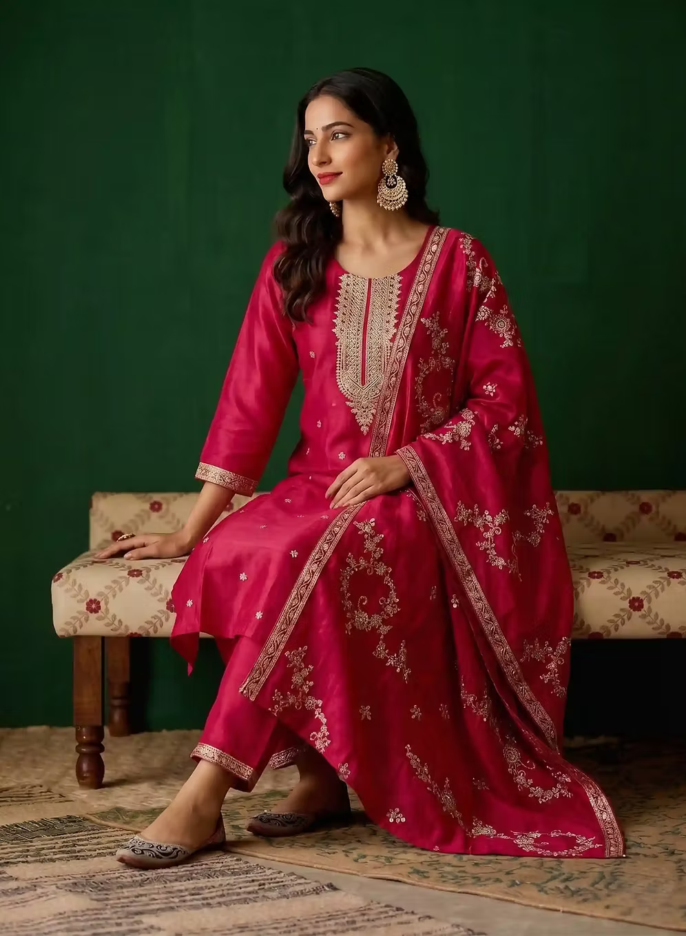 Deep Pink Embroidered Kurta Set with Dupatta