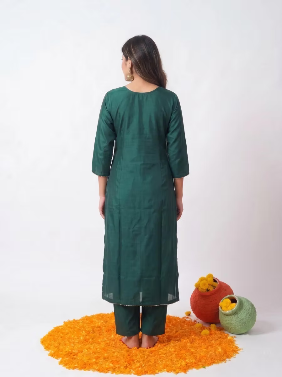 Deep Teal Green Kurta Set with Intricate Zari Embroidered Yoke & Sheer Woven Dup